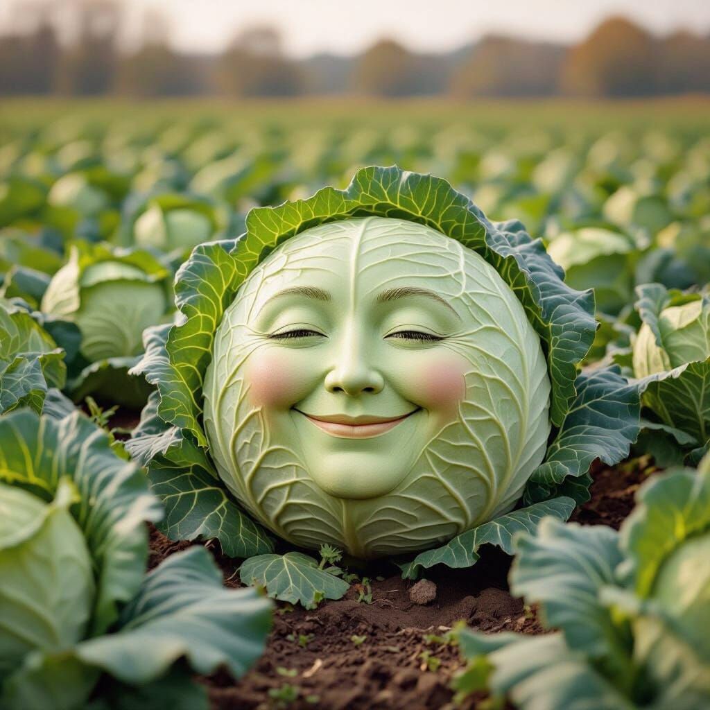 Cabbages with Human Faces in 1970s Photography Style