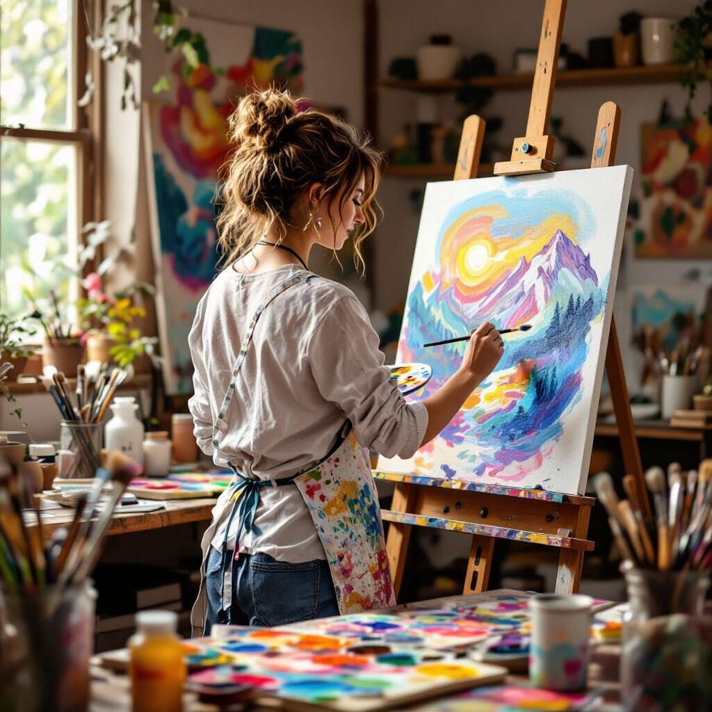 Artist at Easel in Cozy Art Studio