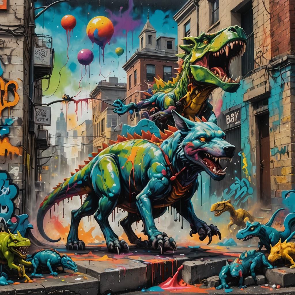 Epic Graffiti Battle: Wolf, Dinosaur, and Ant