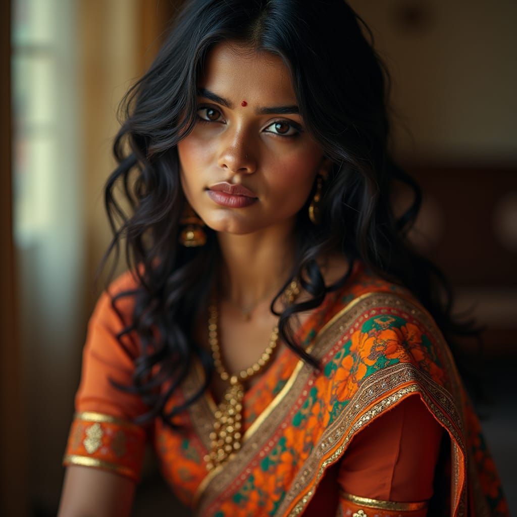 Young Woman in Colorful Office Attire, Hyperrealistic Portra...