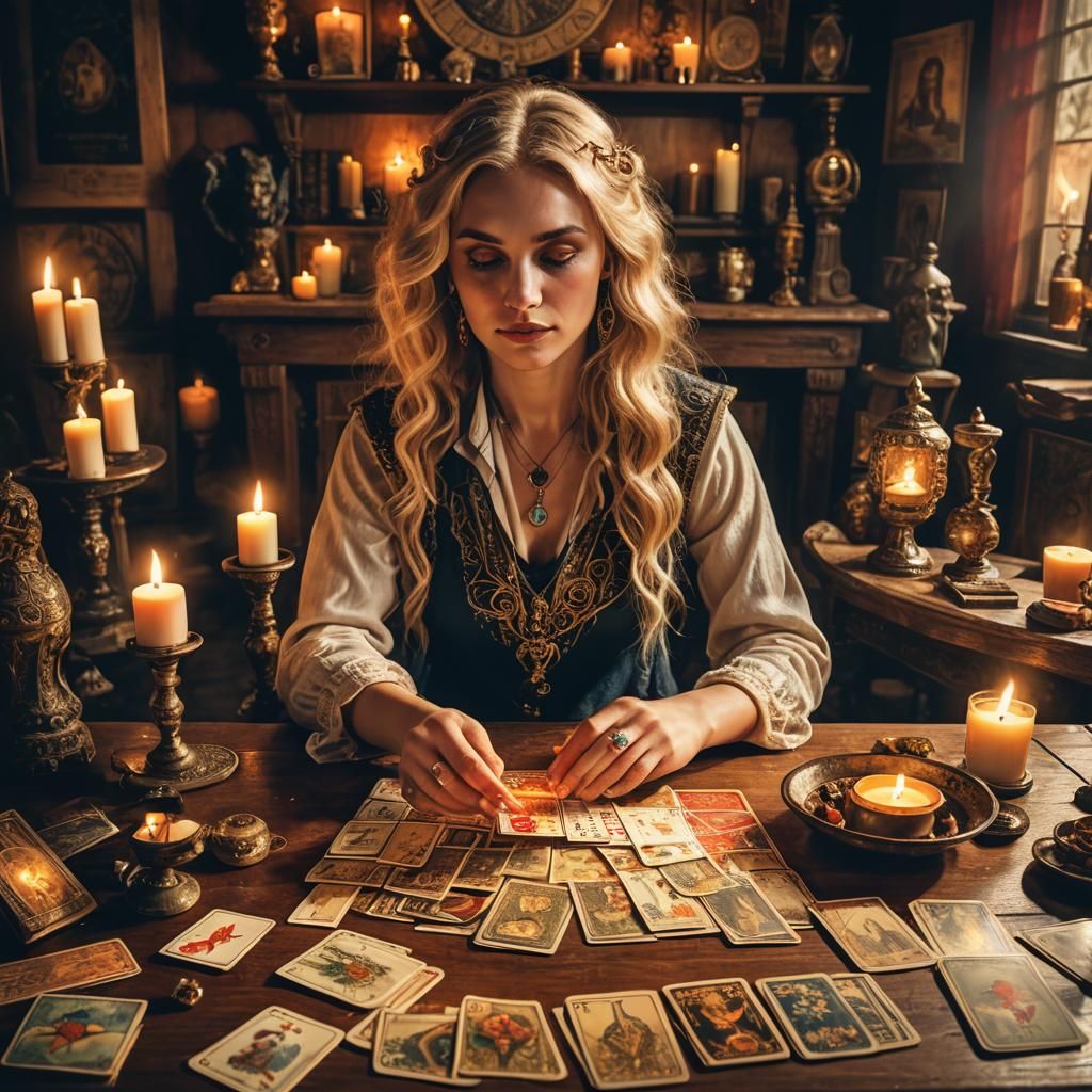 Mystical Tarot Reader in Golden Hour Lighting