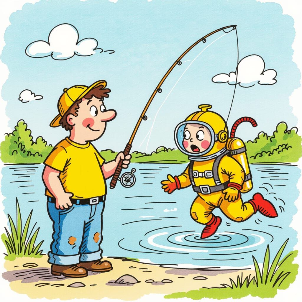 Quentin Blake Style Sketch: Fisherman Catches Diver