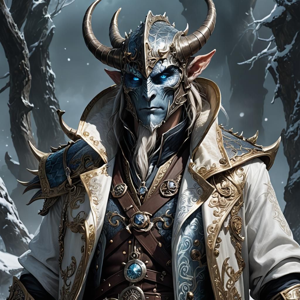 Dragonborn Pirate Warlock with Silver Horn, Anime Style