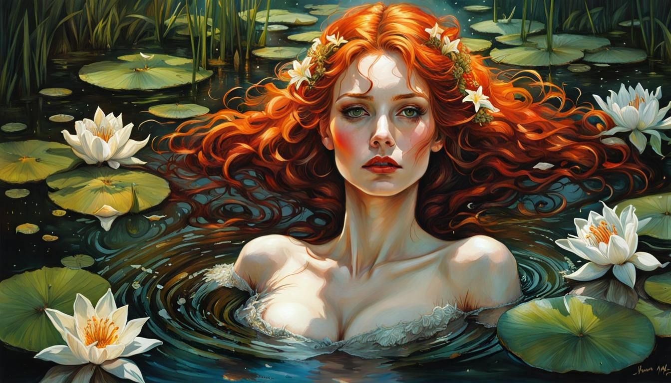 Ornate Redhead in Lily Pond: Dark Fantasy Art