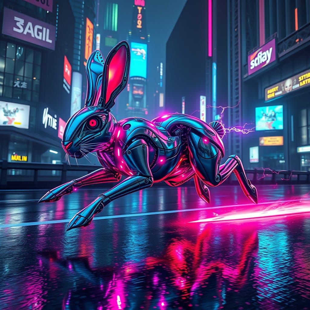 Cyberpunk Hare in Full Sprint on Neon Highway