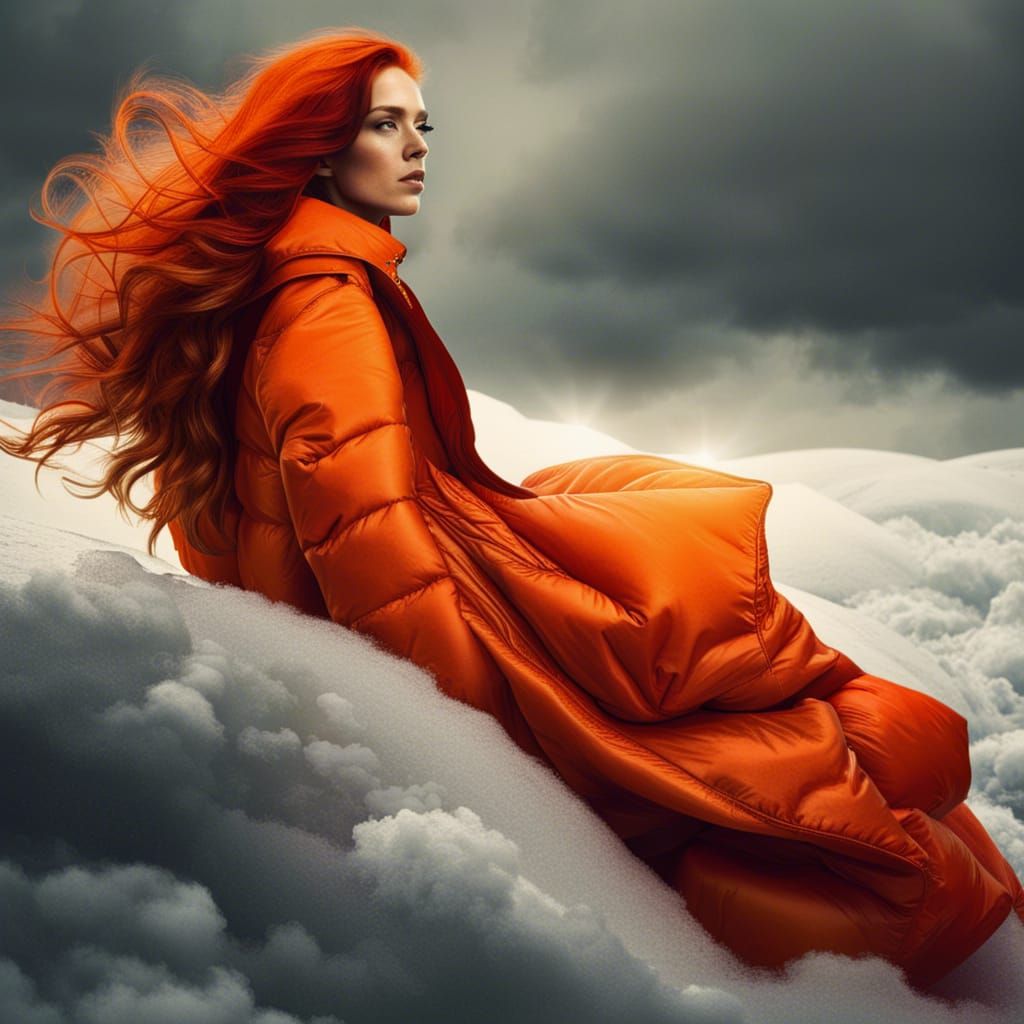 Dramatic Portrait: Woman in Orange Puffer Coat