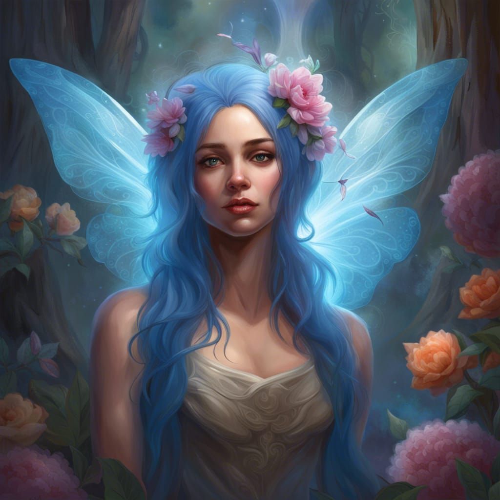 Blue-Haired Fairy with Magic Wand, Hyperdetailed Portrait