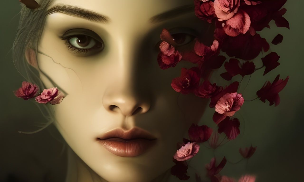Sad Woman's Floral Transformation: Macabre Photorealism