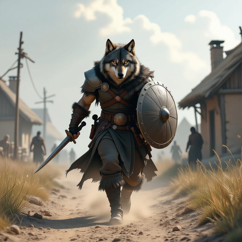 Wolf Warrior on Dusty Path Towards Village