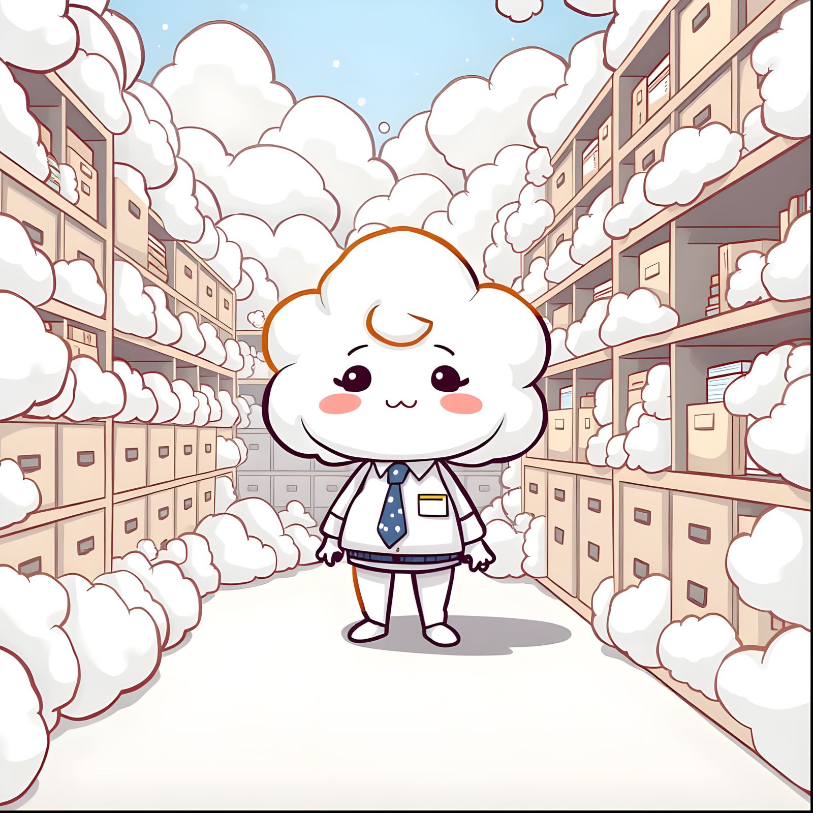 Chibi Cloud Person in Cloud Storage Room