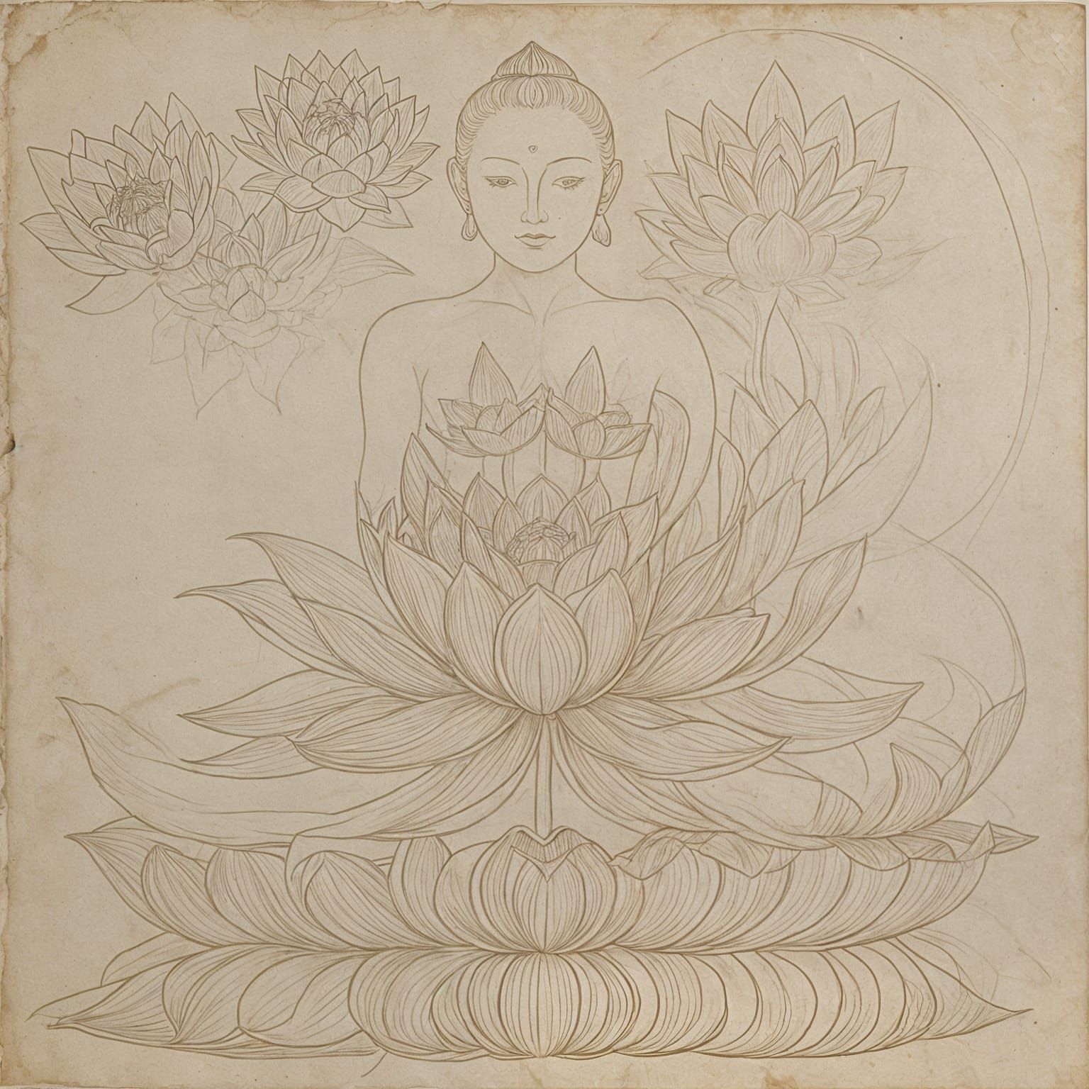 Translucent Figure with Lotus Flowers Along Spine