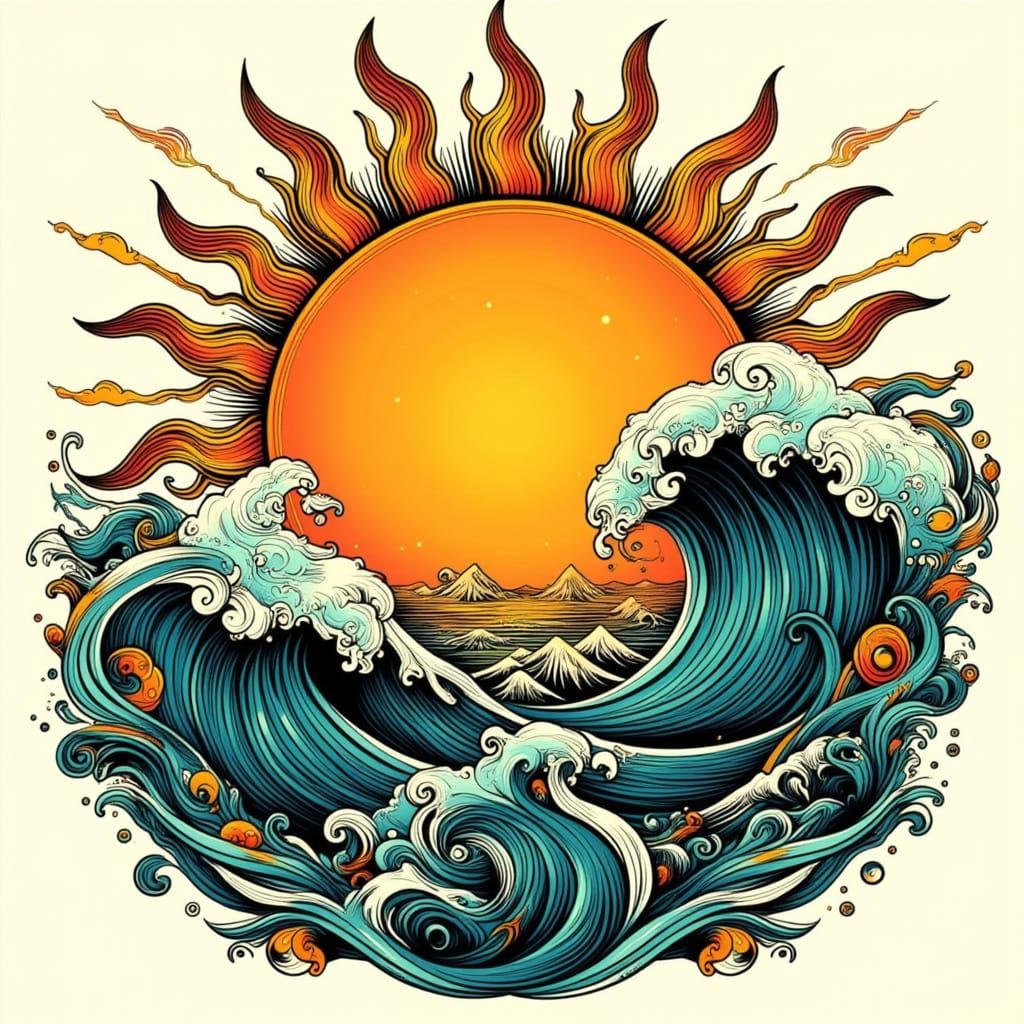 Neo-Traditional Sun & Wave Tattoo Art