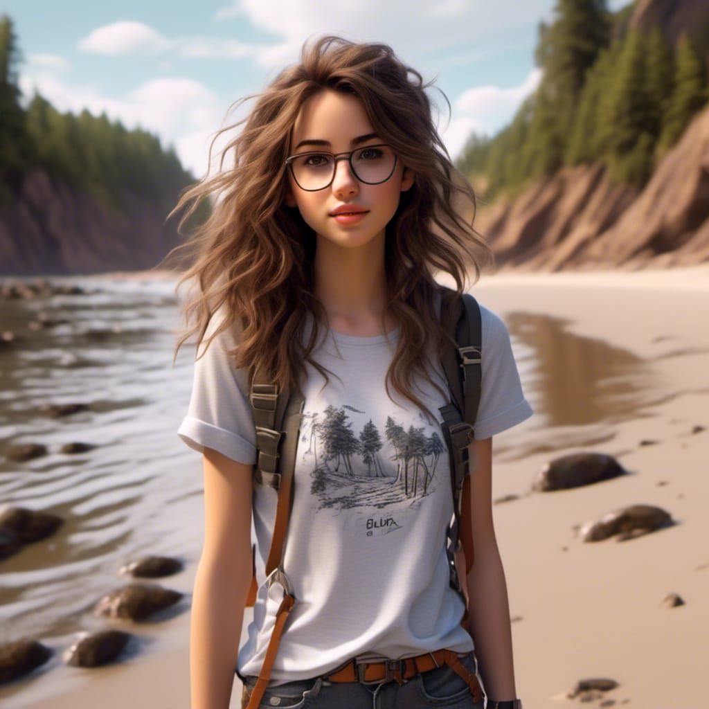 Brunette Girl Walking on the Beach in Summer