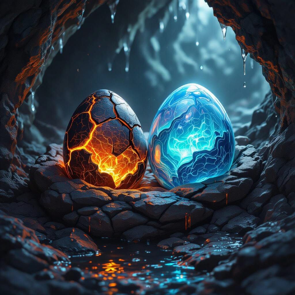 Lava and Water Dragon Eggs in Stone Nest