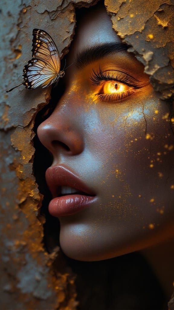 Surrealist Goddess Emerges from Time's Veil, Liquid Gold and...