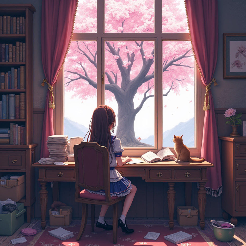 Anime Girl Dreamscape: Cherry Blossoms and Daydreams
