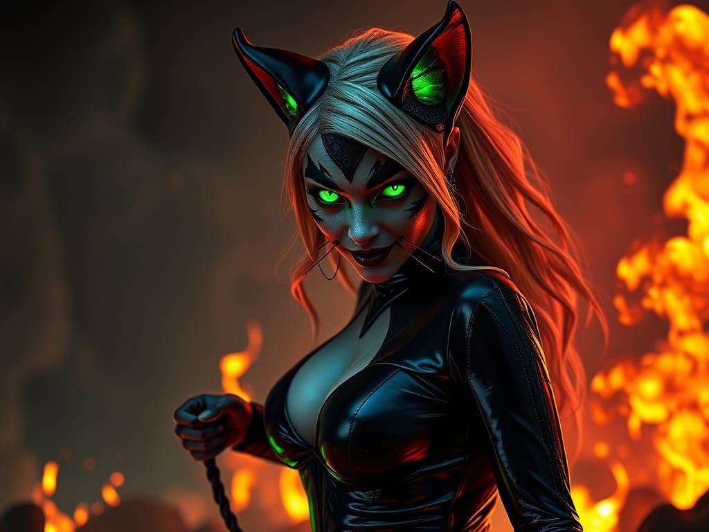 Demoness in Latex Catsuit Emerging from Hell