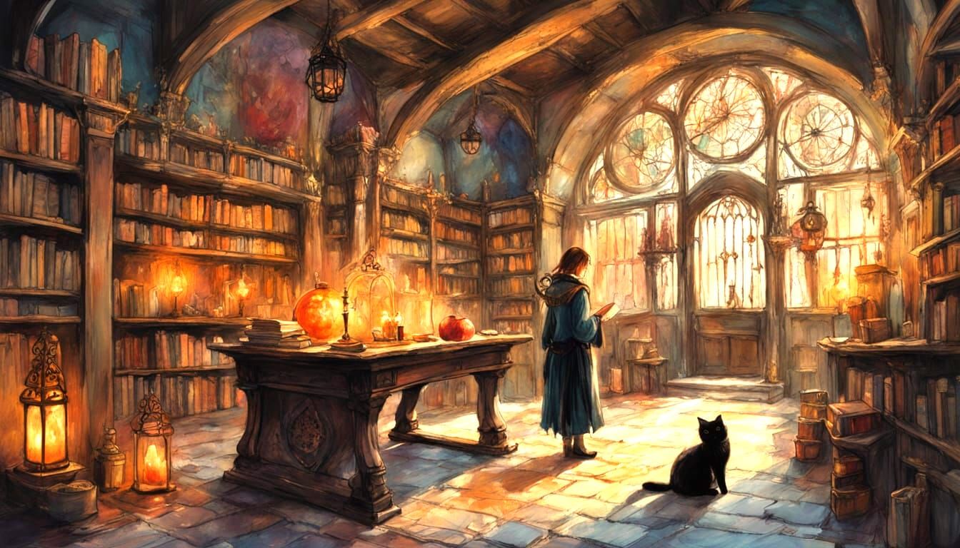 Mystical Medieval Bookshop with Cat, in Storybook Style