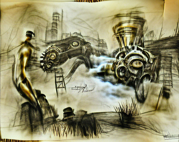 Steampunk Art Deco Charcoal Drawing in CryEngine