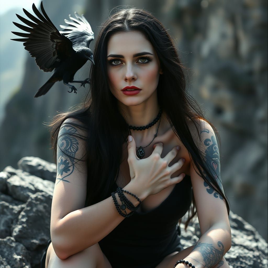 Mysterious Sorceress with Black Eyes and Raven