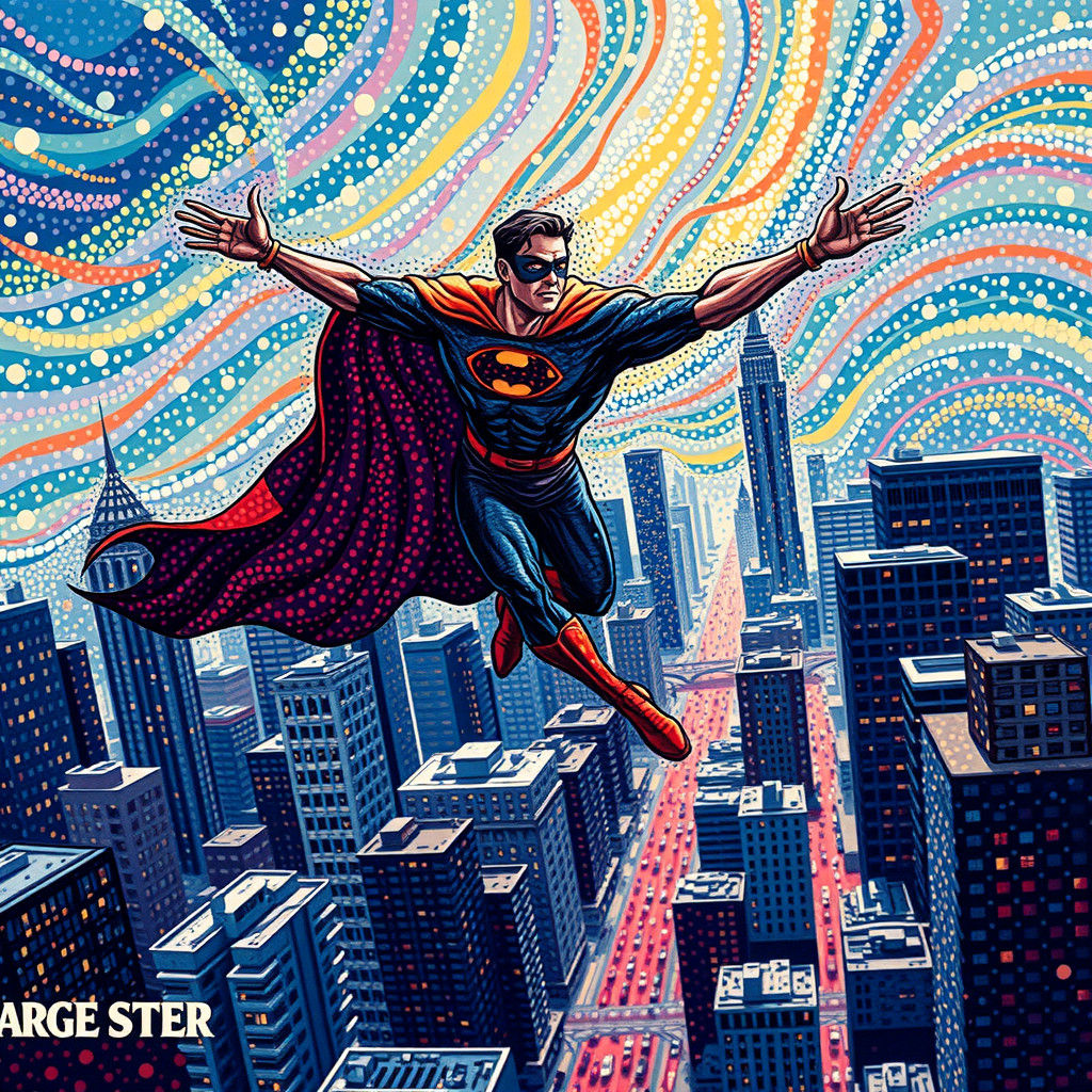 Superhero Soaring Over Metropolis in Pointillism Style