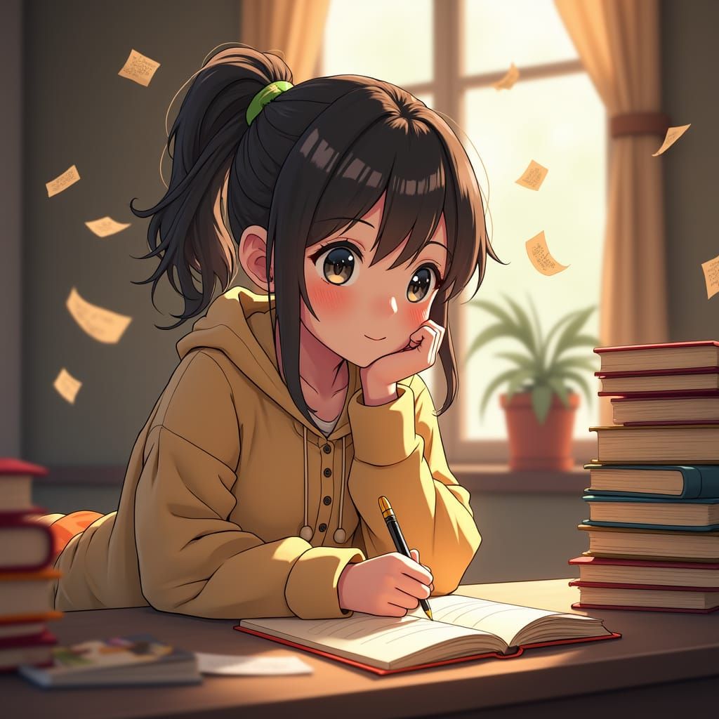 Dreamy Anime Girl Writes in Journal with Antique Pen