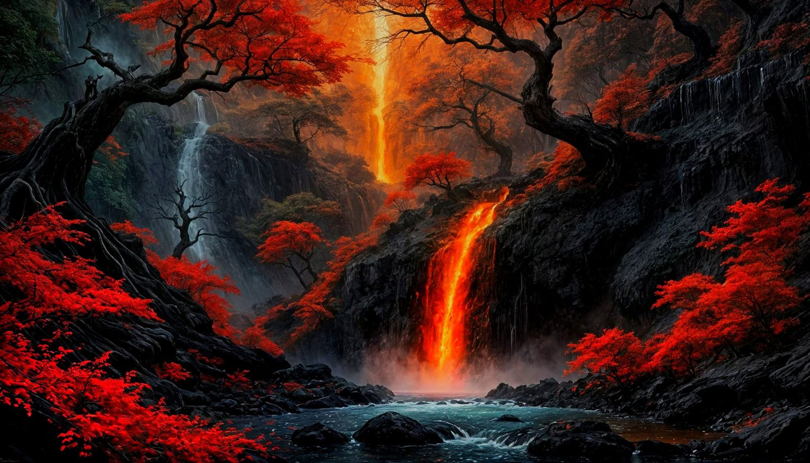 Dark Fantasy Waterfall Scene in Red and Black Oil Painting S...