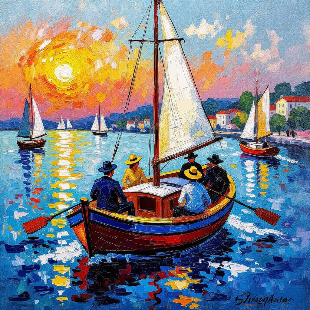 Vibrant Neo-Impressionist Boating Party Oil Painting
