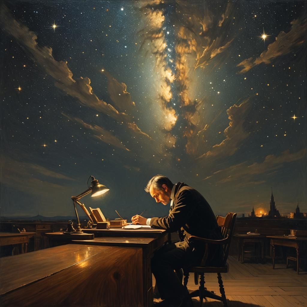 Figure Under Starry Night Sky: Academic Oil Painting