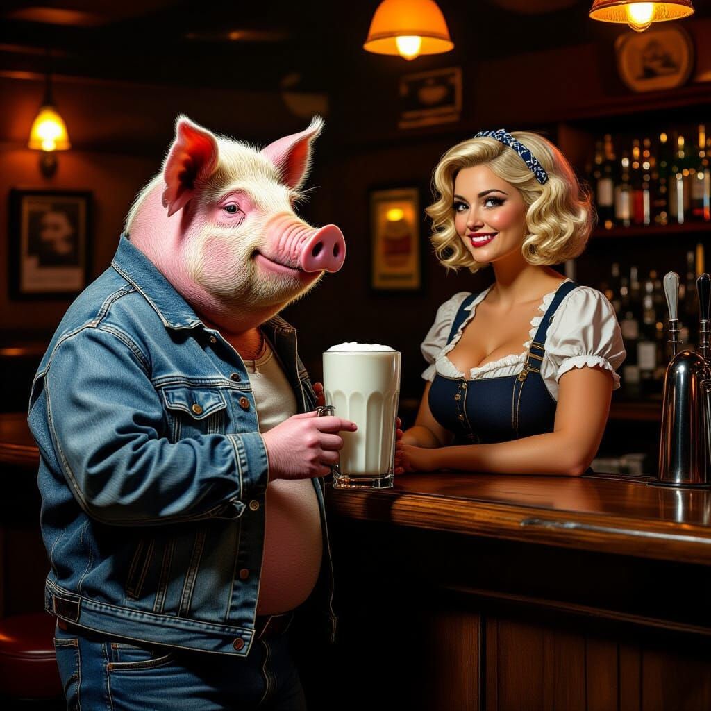 Pig Man at Magma's Milk Bar, Photorealistic Digital Art