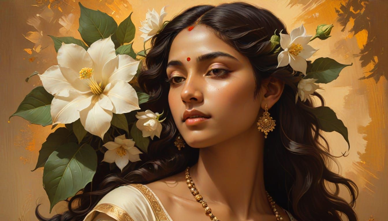 Goddess Blends with Moonflower in Classic Painting Style