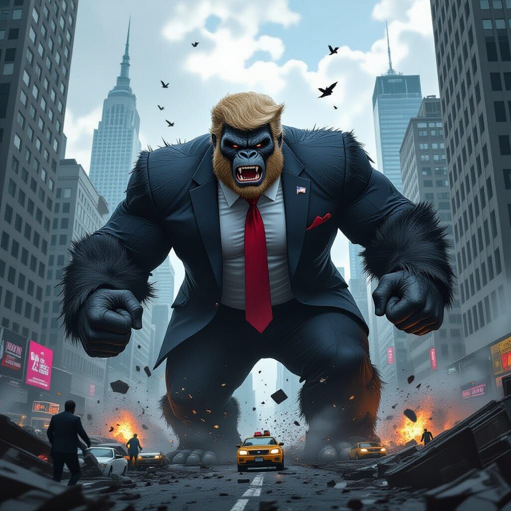 Trump as King Kong in Dystopian Cityscape