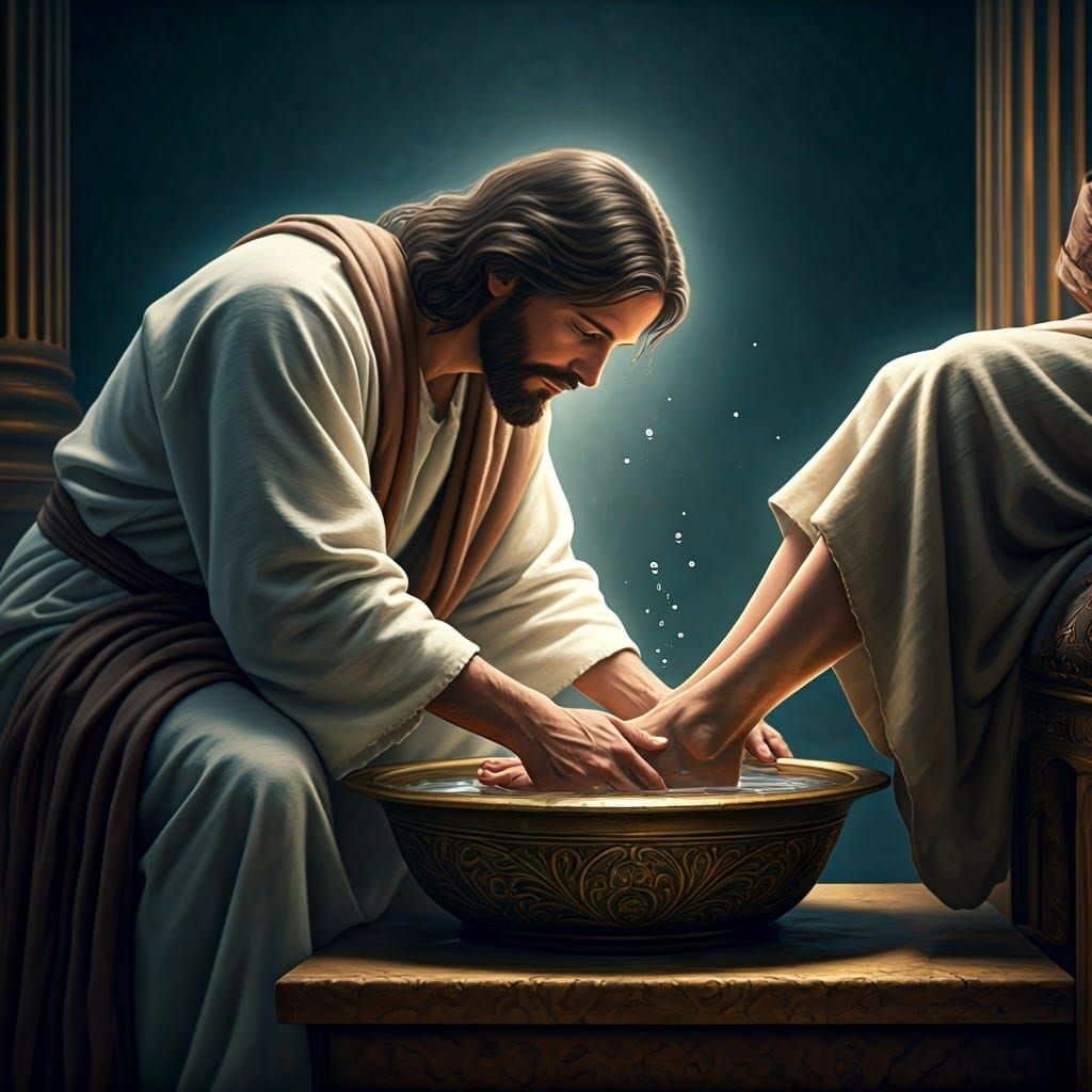 Close up of Jesus washing a pair of feet