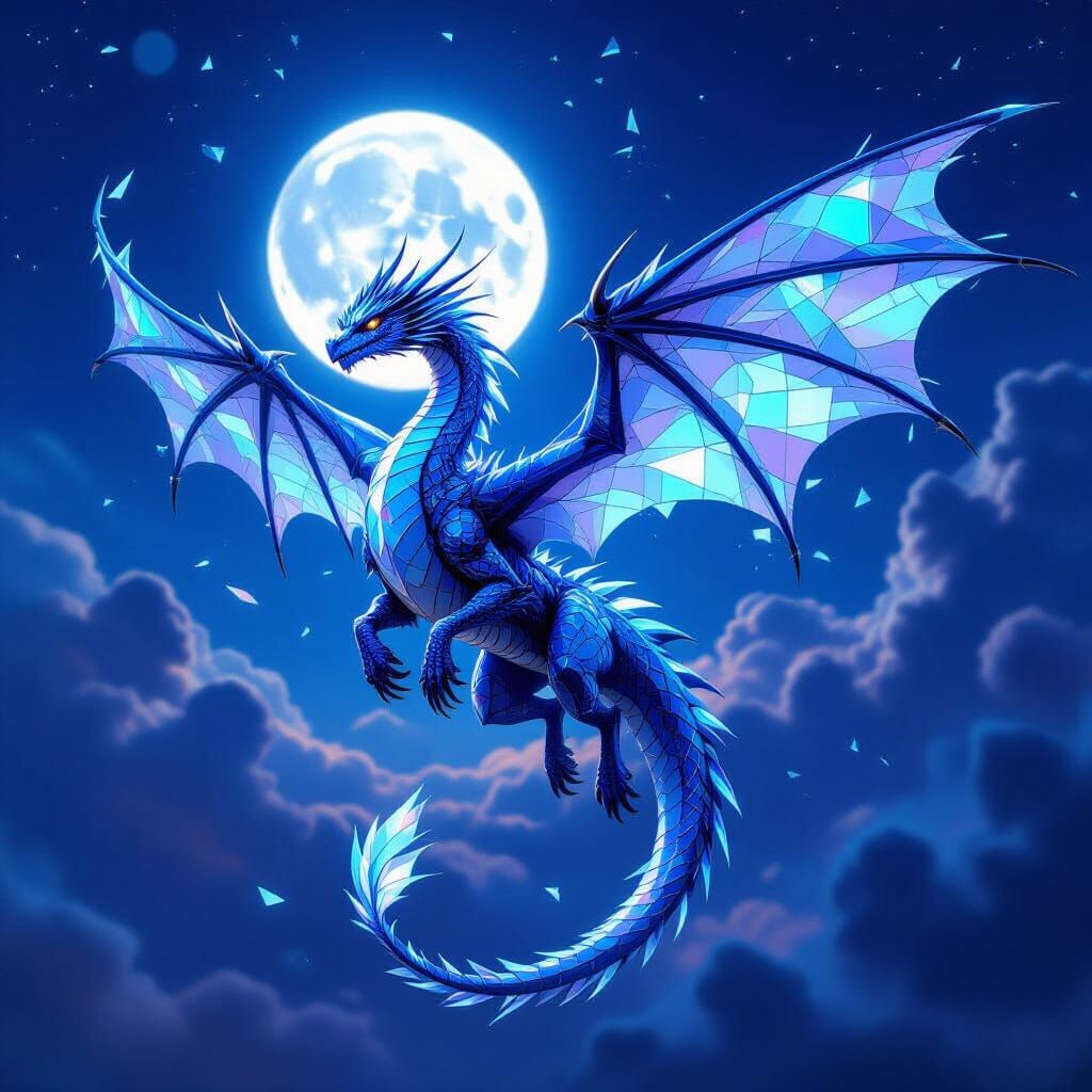 Iridescent Glass Dragon Soaring in Twilight Sky