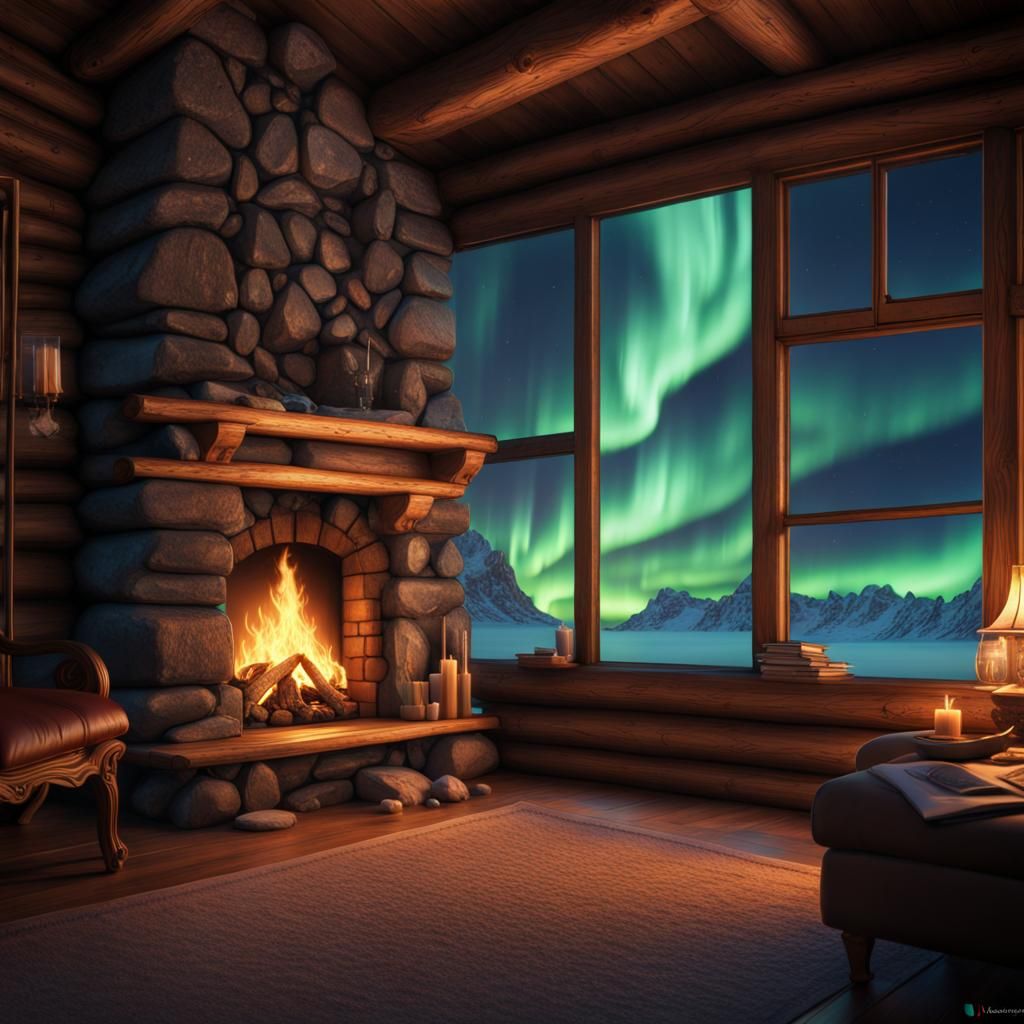 Fireplace lit inside a cabin with a view of the Northern Lig...