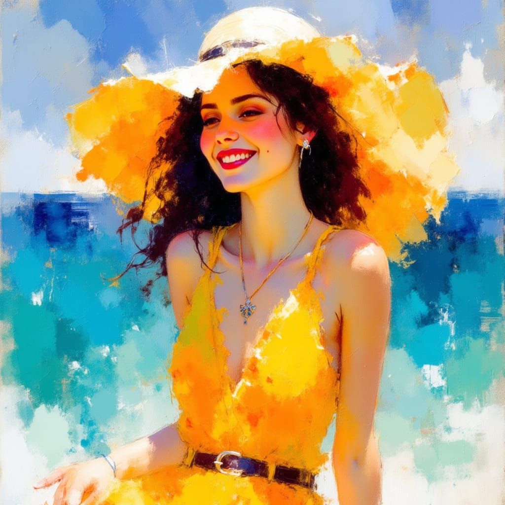 Impressionistic Portrait of a Smiling Lady on Summer Shore