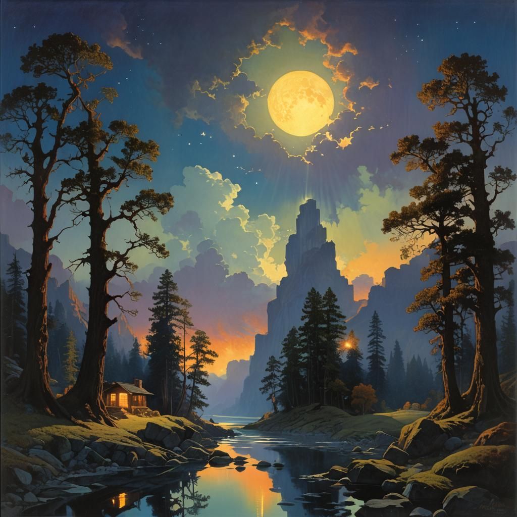 Surreal Night to Day Landscape, Vintage Sci-Fi Art