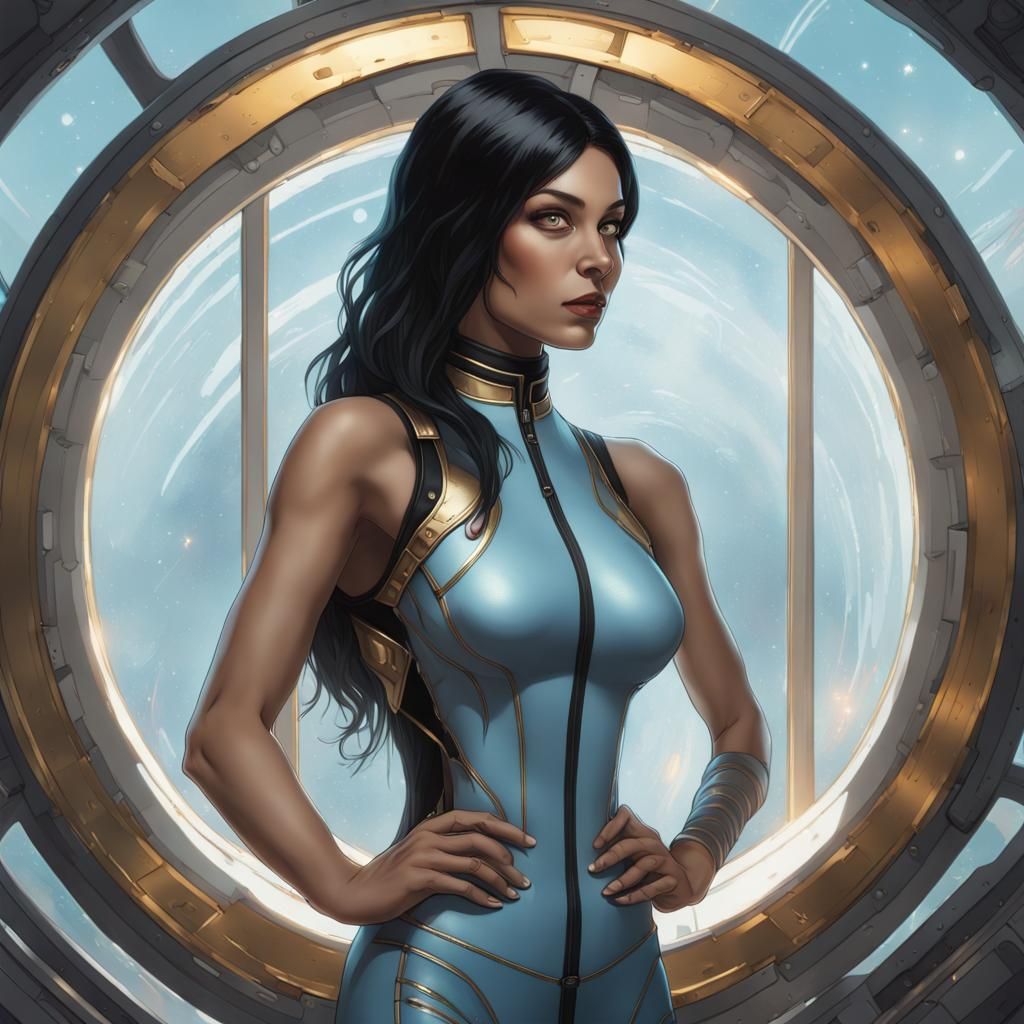 Blue Skinned Woman on Spaceship, Hyperdetailed Portrait