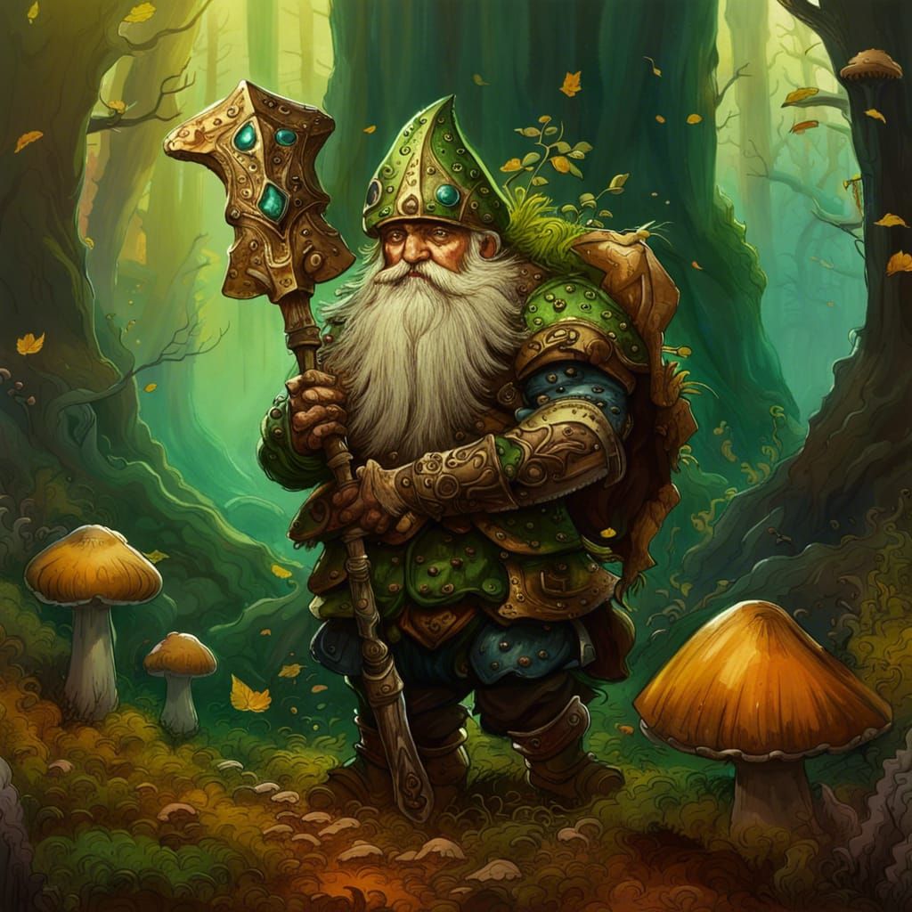 Dwarf in Mushroom Forest with Hammer, Fantasy Art