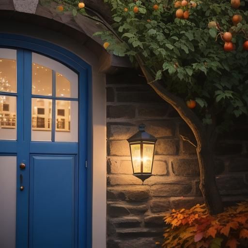 Magical Autumn Scene with Blue Door and Hedgehog