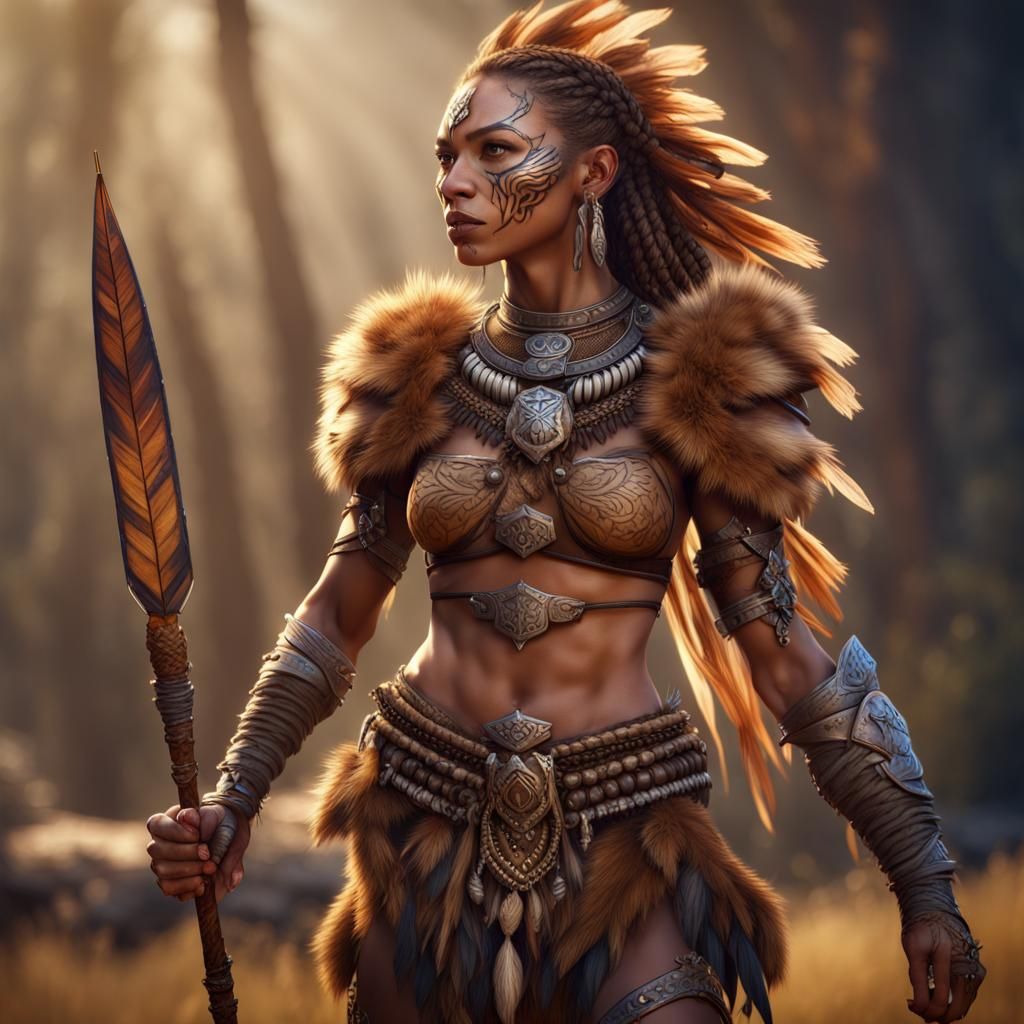 Feline Lioness Warrior with Tribal Spear, Fantasy Art