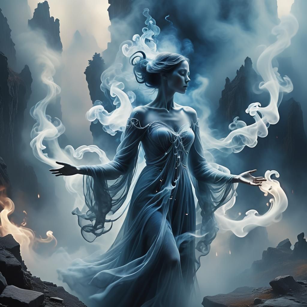 Ethereal Smoke Figure in a Fractured Landscape