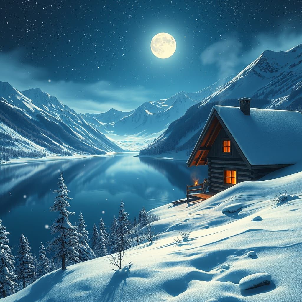 a serene snow-covered mountain landscape bathed in the soft glow of moonlight. A crystal-clear lake mirrors the night sk...