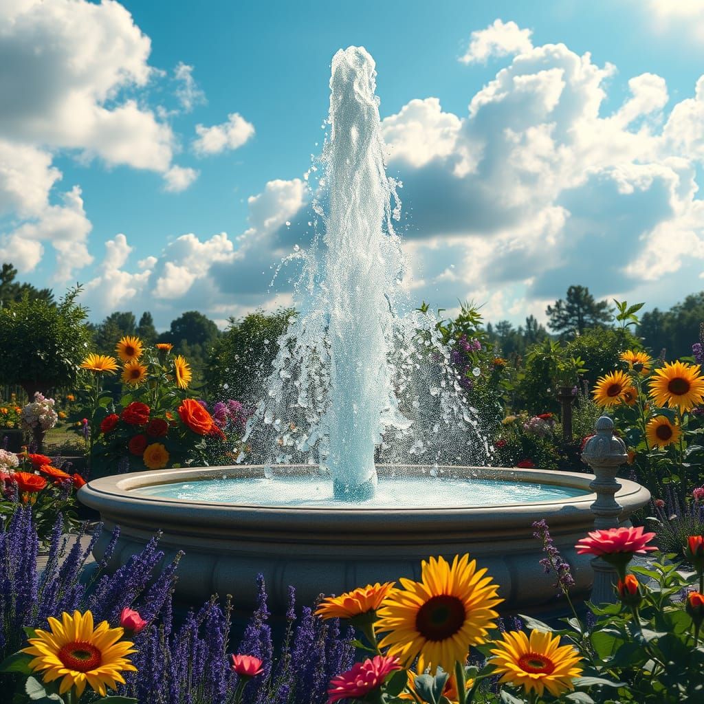 Magnificent Fountain with Crystalline Water in Lush Garden