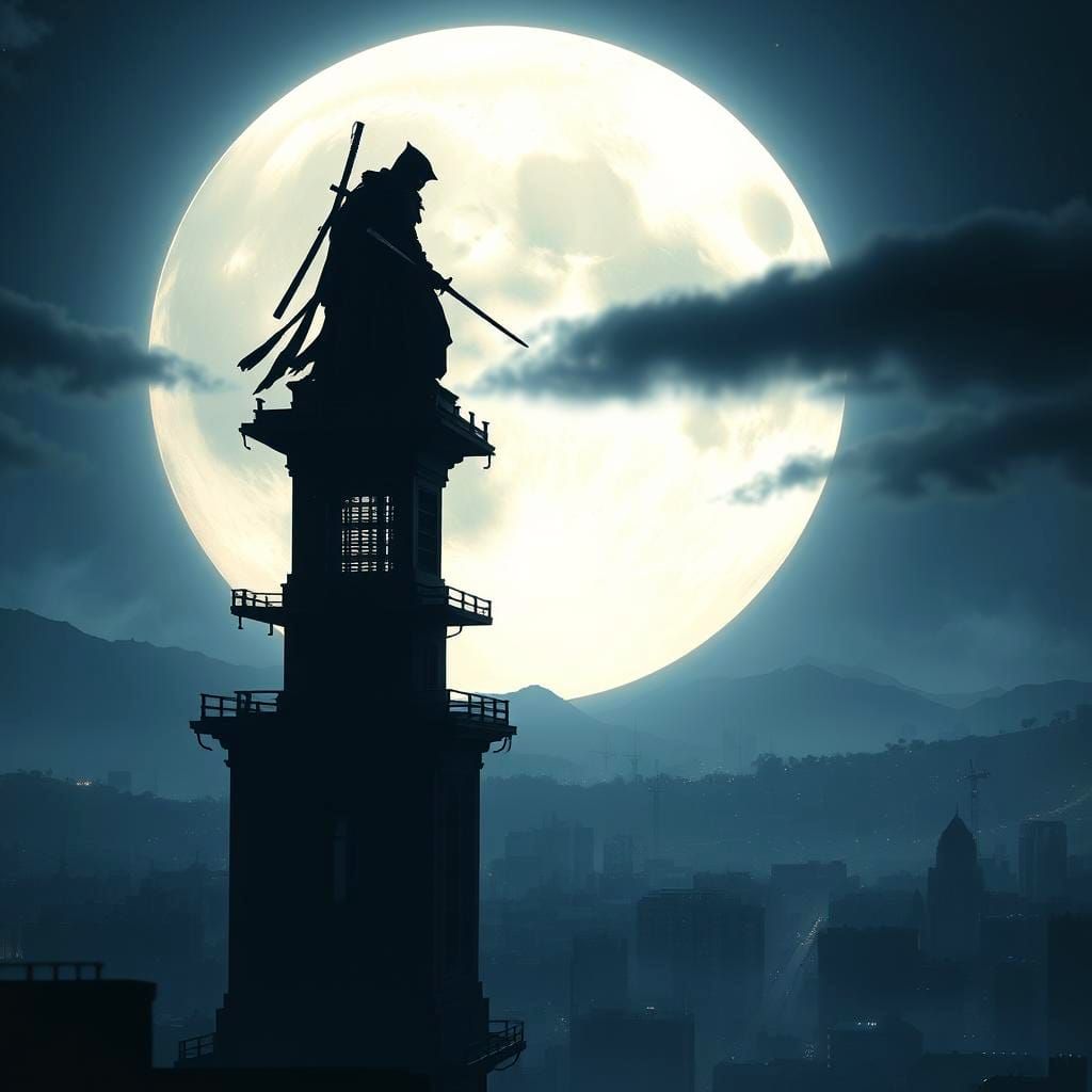 Ninja Shadow on Tower Under Giant Moon
