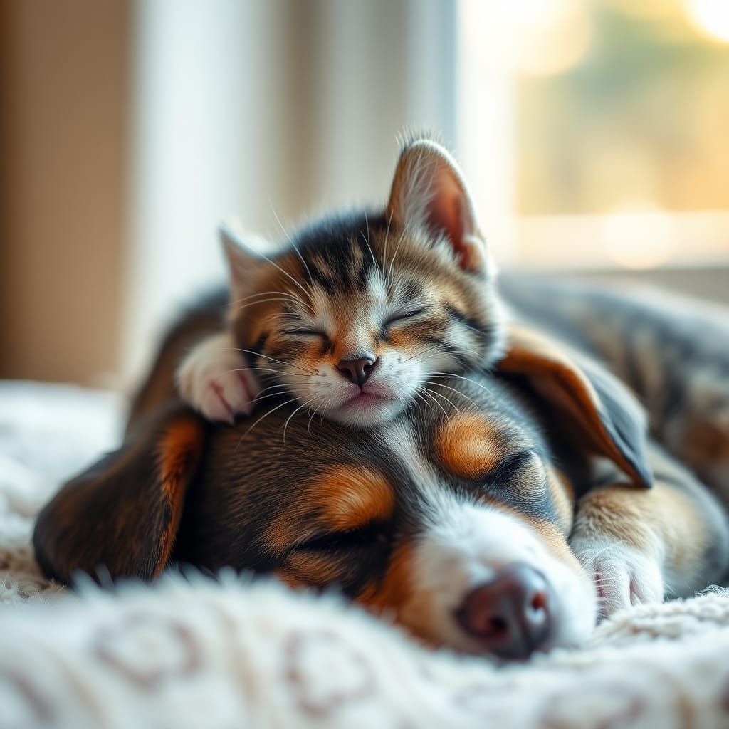 Kitten and Puppy Sleeping in Warm Light