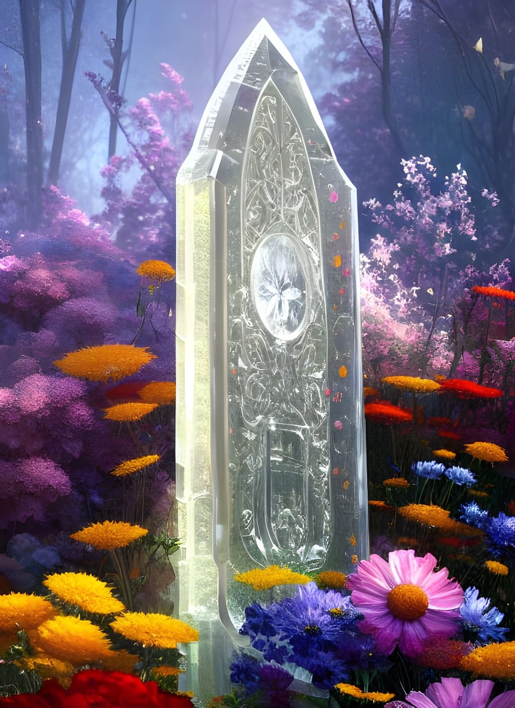 Crystal Gravestone Filled with Flowers in Detailed Render