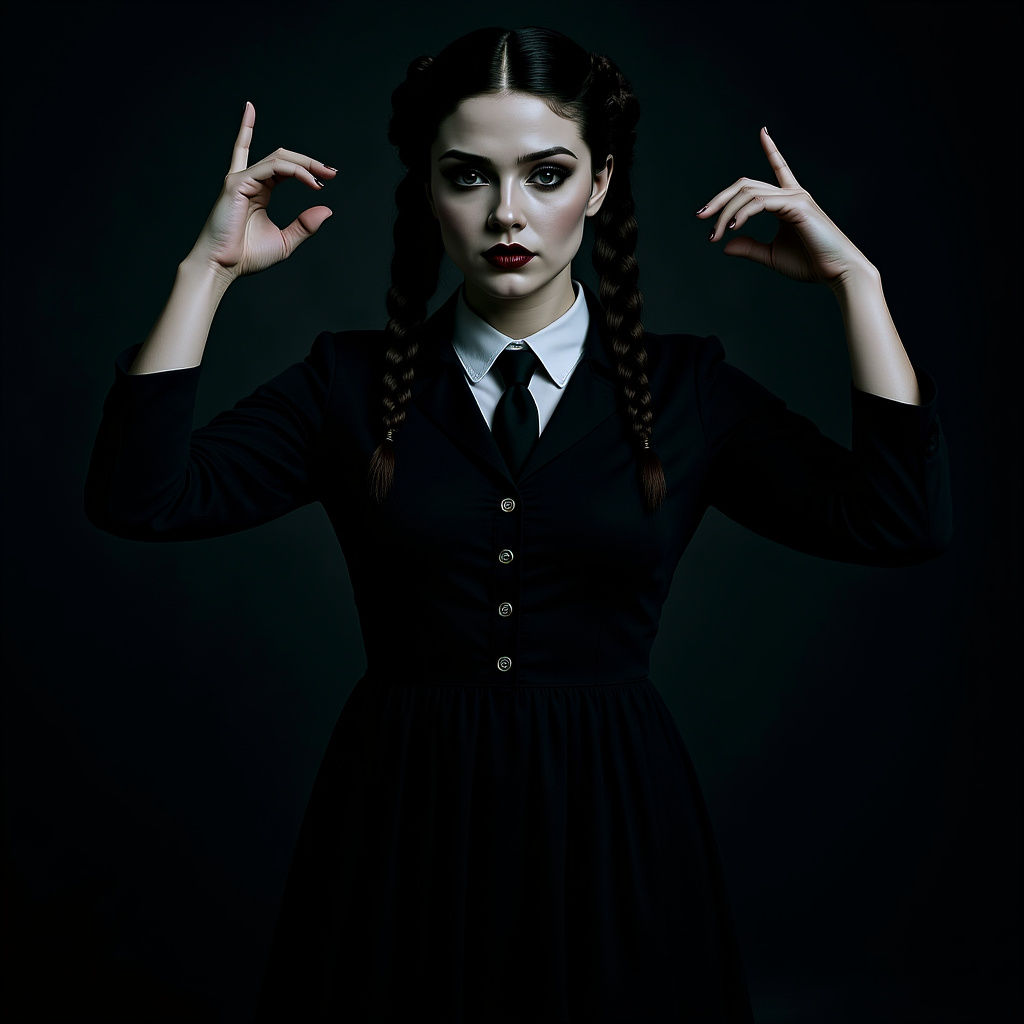 Realistic Wednesday Addams Portrait in Netflix Series Style