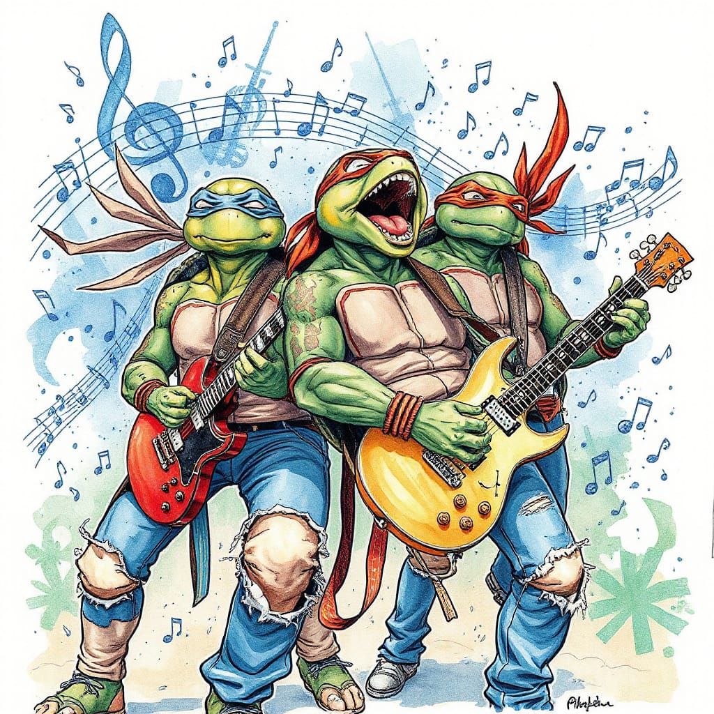 TMNT Rock Band in Inked Watercolor Style