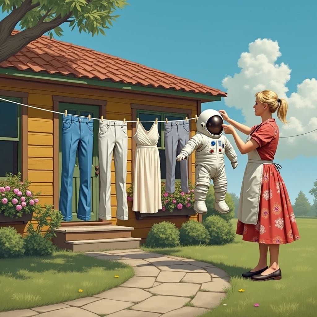 A Washer Woman Hangs Laundry Behind a Charming Rustic House...